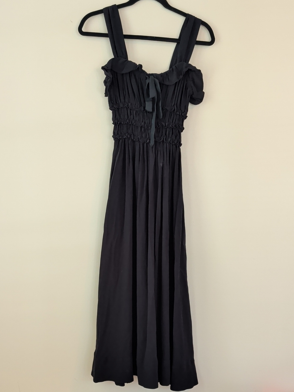 Doen Black Smocked Maxi Dress with Bow Accent
